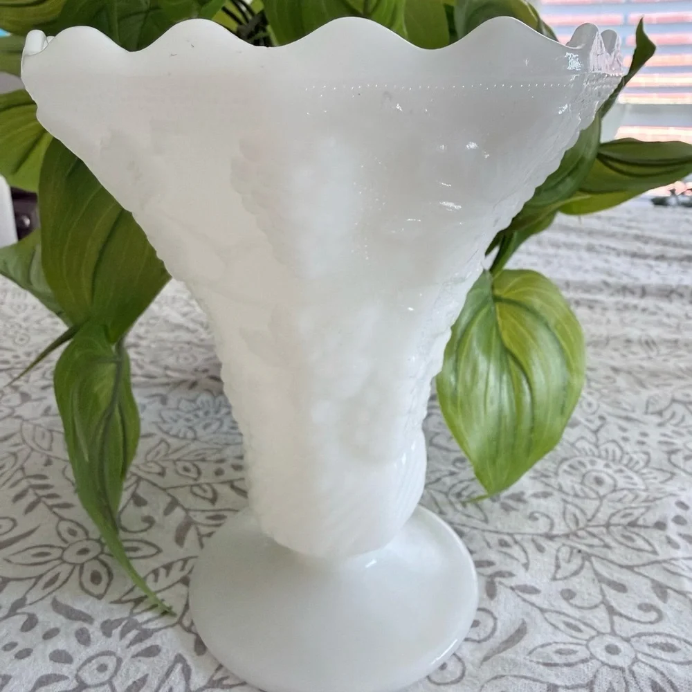 Vintage Milk Glass Hobnail Pedestal Vase | Scalloped Edge Floral Decor